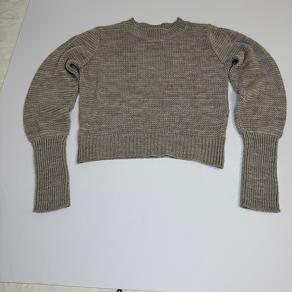 Express Ladies Small Crop Top Sweater puff sleeves tan